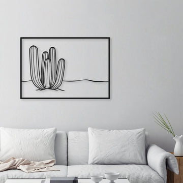 Large Cactus One Line Rectangle | Wall Art Decor - Cut Metal Sign