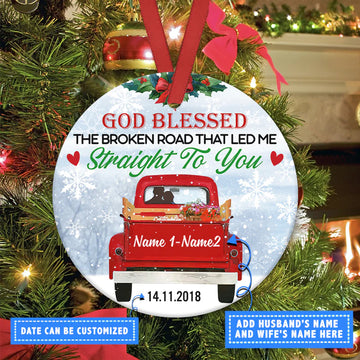 Red Truck God blessed the broken road Couple Personalized Ceramic Ornament