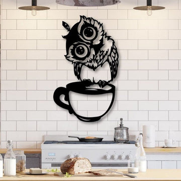 Owl And Cup Decor | Wall Art - Cut Metal Sign