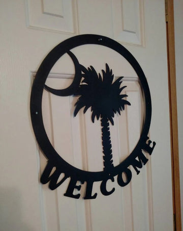 Palmetto and Moon Welcome -  Cut Metal Sign