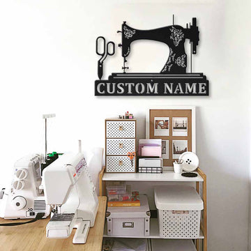 Name Sewing Machine And Sewing Scissors - Personalized Cut Metal Sign