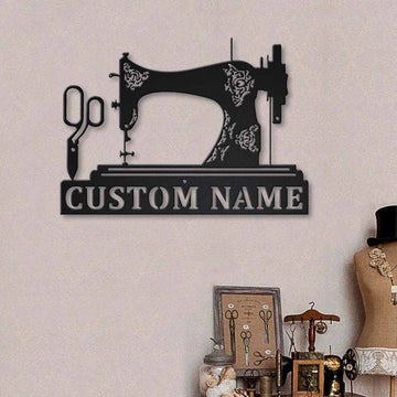 Name Sewing Machine And Sewing Scissors - Personalized Cut Metal Sign