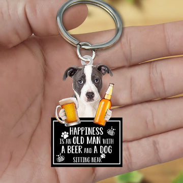 Pitbull Happiness Is An Old Man With A Beer And A Dog Sitting Near Acrylic Keychain, Pitbull Lover