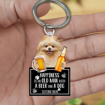 Pomeranian Happiness Is An Old Man With A Beer And A Dog Sitting Near Acrylic Keychain, Pomeranian Lover