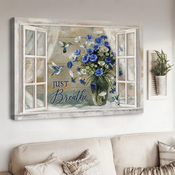 Flower vase, Window frame, Hummingbird, Just breathe - Matte Canvas