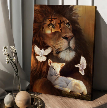 Pretty lion, Watercolor lamb, White dove, Cross Jesus - Matte Canvas