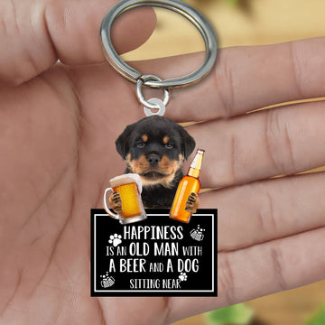 Rottweiler Happiness Is An Old Man With A Beer And A Dog Sitting Near Acrylic Keychain, Rottweiler Lover
