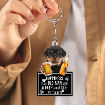 Rottweiler Happiness Is An Old Man With A Beer And A Dog Sitting Near Acrylic Keychain, Rottweiler Lover