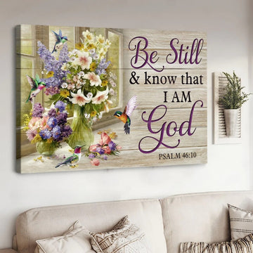 Rustic flower painting, Watercolor hummingbird, Be still and know that I am God - Matte Canvas