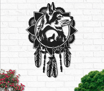 Native Wolf Dream Catcher - Metal House Sign