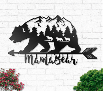 Mama Bear With 3 kids camping hiking - Metal House Sign