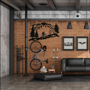 Personalized Metal Biker Mountain Tree and Cyclist Wall Art - Cut Metal Sign