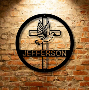 Dove and Cross Jesus Monogram Personalized Metal House Sign