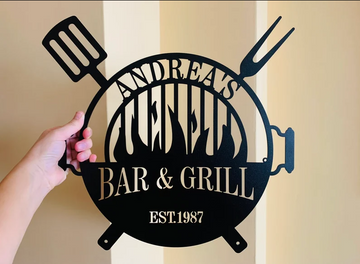 Personalized Bar and Grill Metal Sign Custom Name BBQ Barbecue Outdoor - Cut Metal Sign