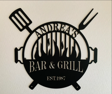 Personalized Bar and Grill Metal Sign Custom Name BBQ Barbecue Outdoor - Cut Metal Sign