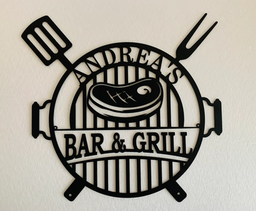 Personalized Bar & Grill Custom Barbecue Plaque Outdoor Kitchen - Cut Metal Sign