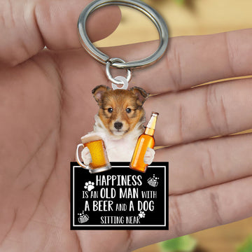 Shetland Sheepdog Happiness Is An Old Man With A Beer And A Dog Sitting Near Acrylic Keychain, Shetland Sheepdog Lover