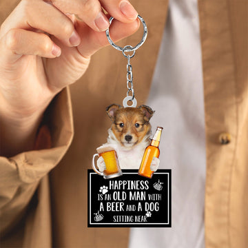 Shetland Sheepdog Happiness Is An Old Man With A Beer And A Dog Sitting Near Acrylic Keychain, Shetland Sheepdog Lover