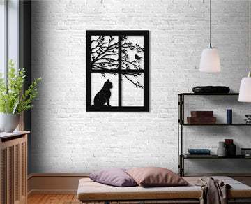 Cat Looking Out The Window With Bird And Tree | Wall Art Decor - Cut Metal Sign