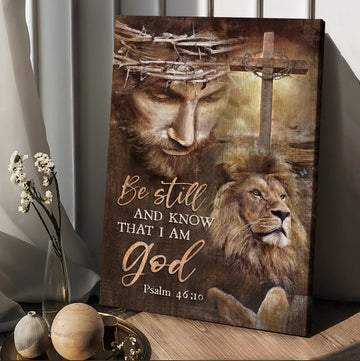Jesus, Lion drawing, Cross, Be still and know that I am God - Matte Canvas