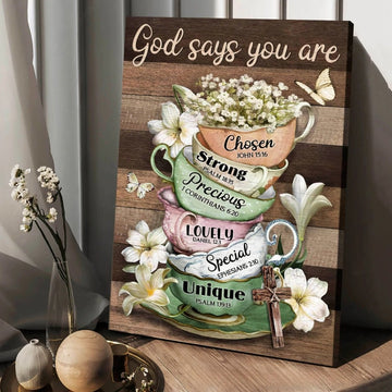 Vintage tea cup, Lily flower, God says you are - Matte Canvas