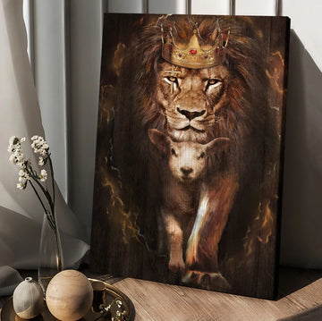 Watercolor lion Lamb of God Golden crown - Matte Canvas