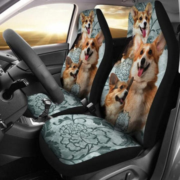 Welsh Corgi with Green Floral Patterm - Car Seat Covers
