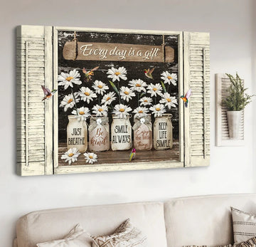 White daisy, Mason jars, Hummingbirds, Every day is a gift - Matte Canvas