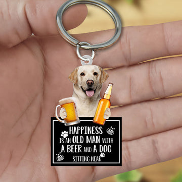 Yellow Labrador Happiness Is An Old Man With A Beer And A Dog Sitting Near Acrylic Keychain, Yellow Labrador Lover