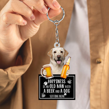 Yellow Labrador Happiness Is An Old Man With A Beer And A Dog Sitting Near Acrylic Keychain, Yellow Labrador Lover