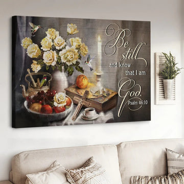 Yellow rose, Hummingbird, Cross, Bible, Be still and know that I am God - Matte Canvas