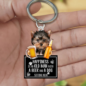 Yorkshire Terrier Happiness Is An Old Man With A Beer And A Dog Sitting Near Acrylic Keychain, Yorkshire Terrier Lover