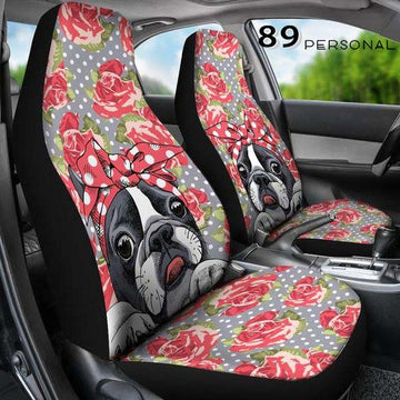Boston Terrier And Cute Romantic Flowers Car Seat Covers