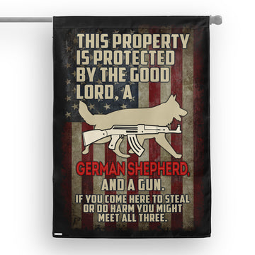 German Shepherd Property protected by good lord, dachshund and gun Independence Day - House Flag