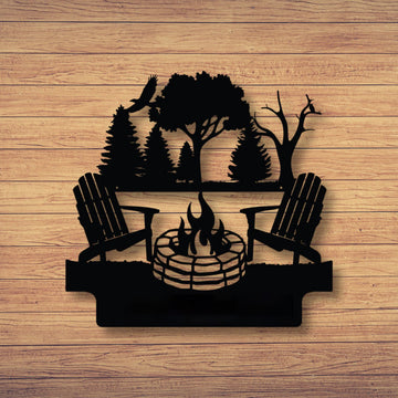 Camping Campfire Tranquil Lake Scene - Cut Metal Sign