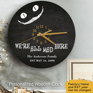 We Are All Mad Here Cat Lovers Personalized Wooden Clock