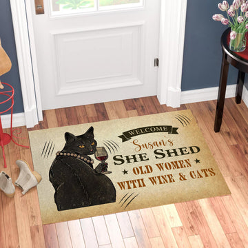 Cat Lovers Woman With Wine And Cats Customized Name Doormat