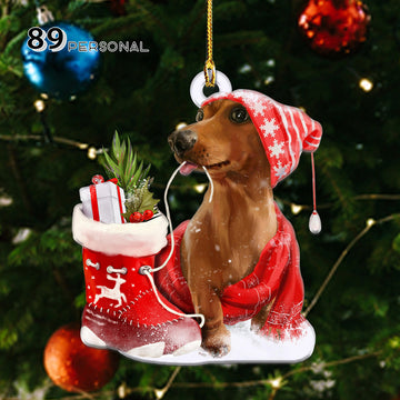 Dachshund With Red Christmas Boot - Two Sided Ornament