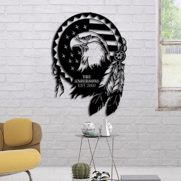 Dreamcatcher With Eagle American Flag - Personalized Cut Metal Sign