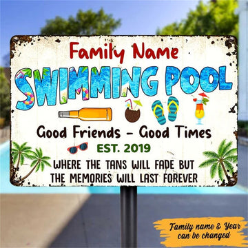 Personalized Swimming Pool Good Friends Good Times - Funny Wall Art - Personalized Classic Metal Signs