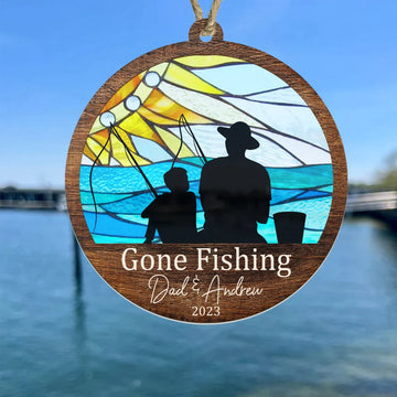Personalized Fishing Suncatcher Ornament, Dad And Son Fishing Suncatcher Ornament, Colorful Gift To Son From Dad, Birthday Gift To Dad From Son