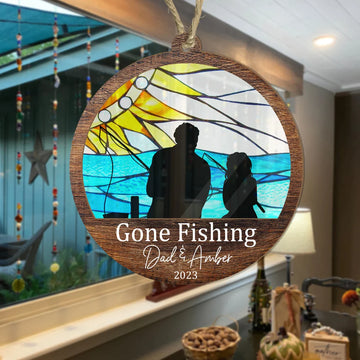 Personalized Fishing Dad And Daughter Suncatcher Ornament, Colorful Suncatcher Gift To Daughter From Dad, Cute Birthday Gift To Dad From Daughter