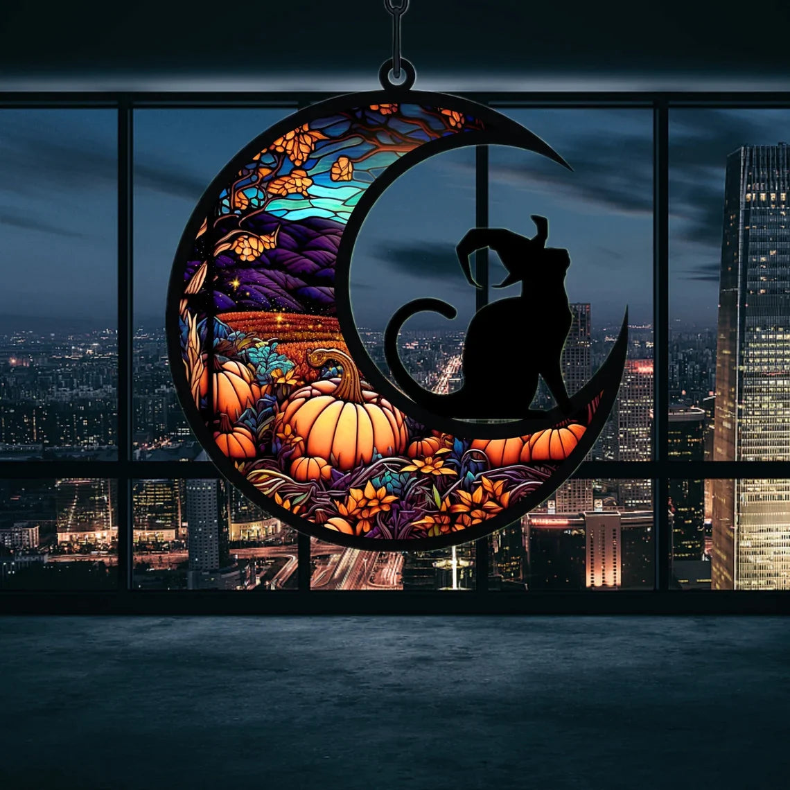 Personalized Cat Witch Halloween Suncatcher Ornament, Horror Stained Glasses Pattern, Custom Gift For Cat Lovers On Halloween Day