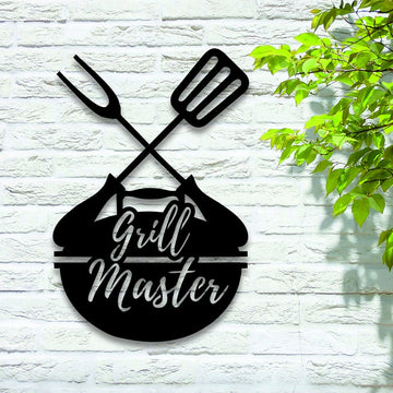 BBQ grill master with cutlery and sausage Metal House Sign