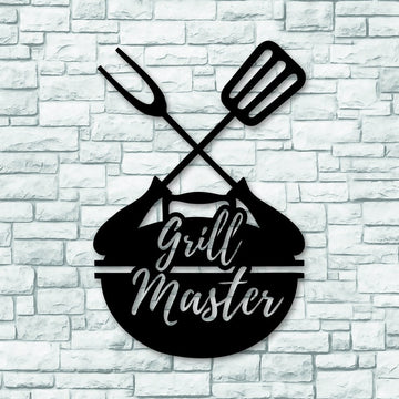 BBQ grill master with cutlery and sausage Metal House Sign