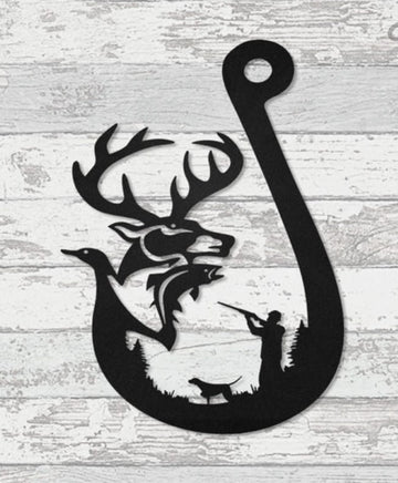 Deer Hunting Fish Hook - Cut Metal Sign