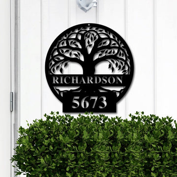 Tree of Life Custom Family Last Name And Number - Personalized Metal House Sign