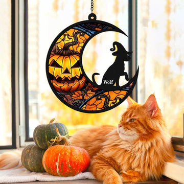 Personalized All Dog Breeds With Witch Hat Suncatcher Ornament, Custom Dog Name Halloween Suncatcher Decor Gift, Halloween Gift For Dog Lover