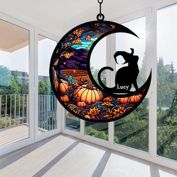 Personalized Cat Witch Halloween Suncatcher Ornament, Horror Stained Glasses Pattern, Custom Gift For Cat Lovers On Halloween Day