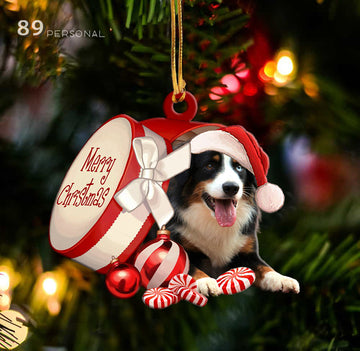 Australian shepherd out of Merry Christmas box - Shaped two sides ornament